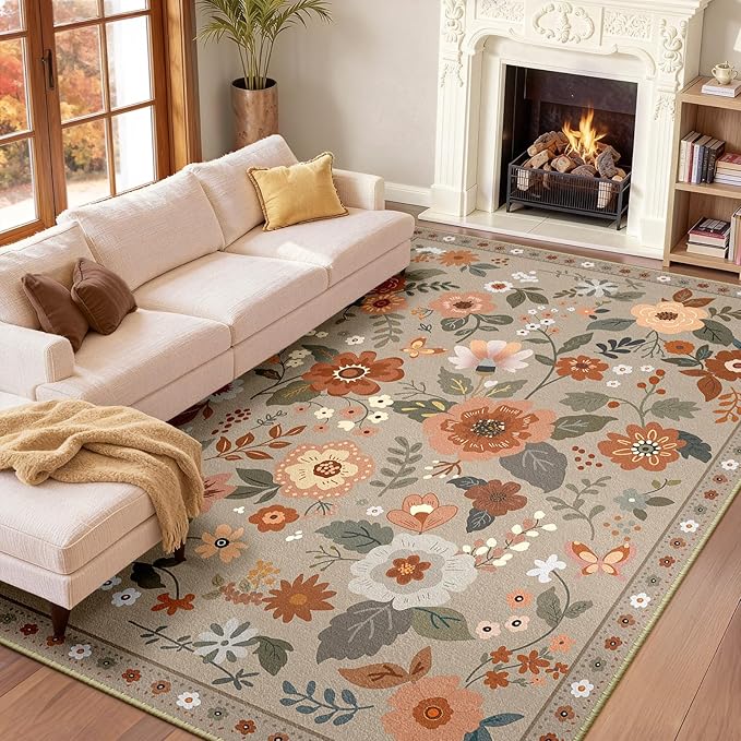 Floral 8x10 Area Rug Machine Washable Soft Print Boho Carpet Non Slip Doormat by RELEANY