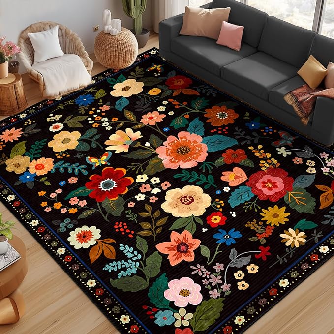 Floral 9x12 Area Rug Machine Washable Soft Print Boho Carpet Non Slip Doormat by RELEANY