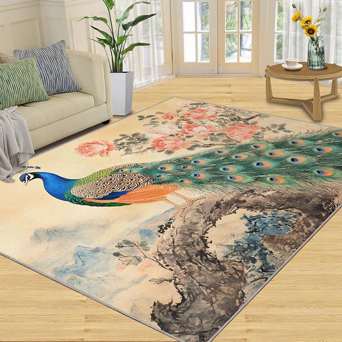 Peacock Peony Flower Area Rug 5x8-5x8 Rug, Classic Peacock Peony Rugs by STRELEC