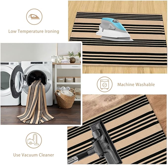 Black and Khaki Striped Rugs 2.3'x3.6', Washable Hand Woven Front Door Rug - Image 6