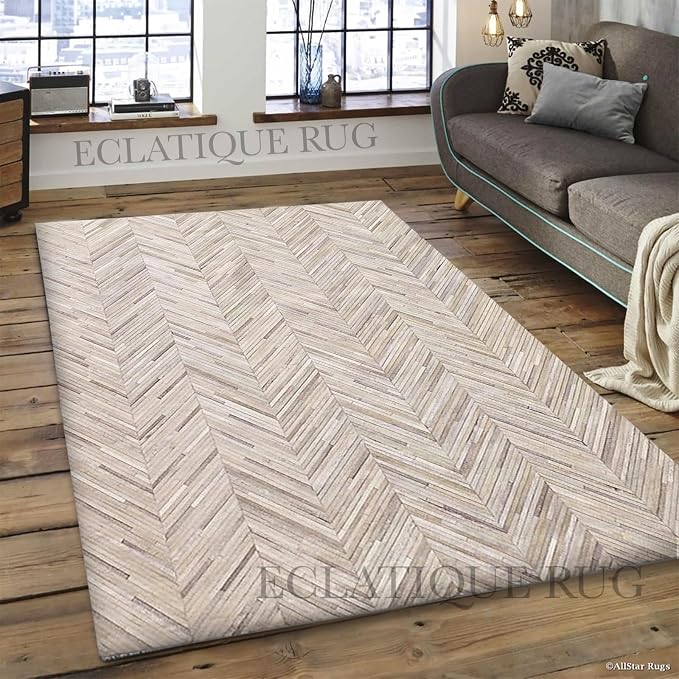 Premium Rectangular Rug Cowhide Leather Stylish Non Slip Chevron Patchwork Area - Image 2