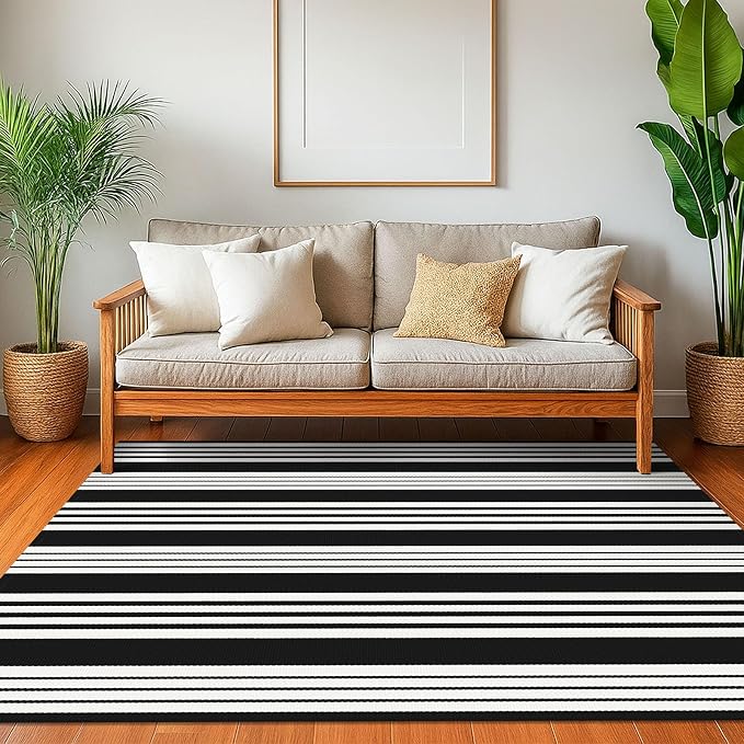 KOZYFLY Black and White Striped Outdoor Rug 4x6 Ft Area Rug Washable Indoor - Image 2