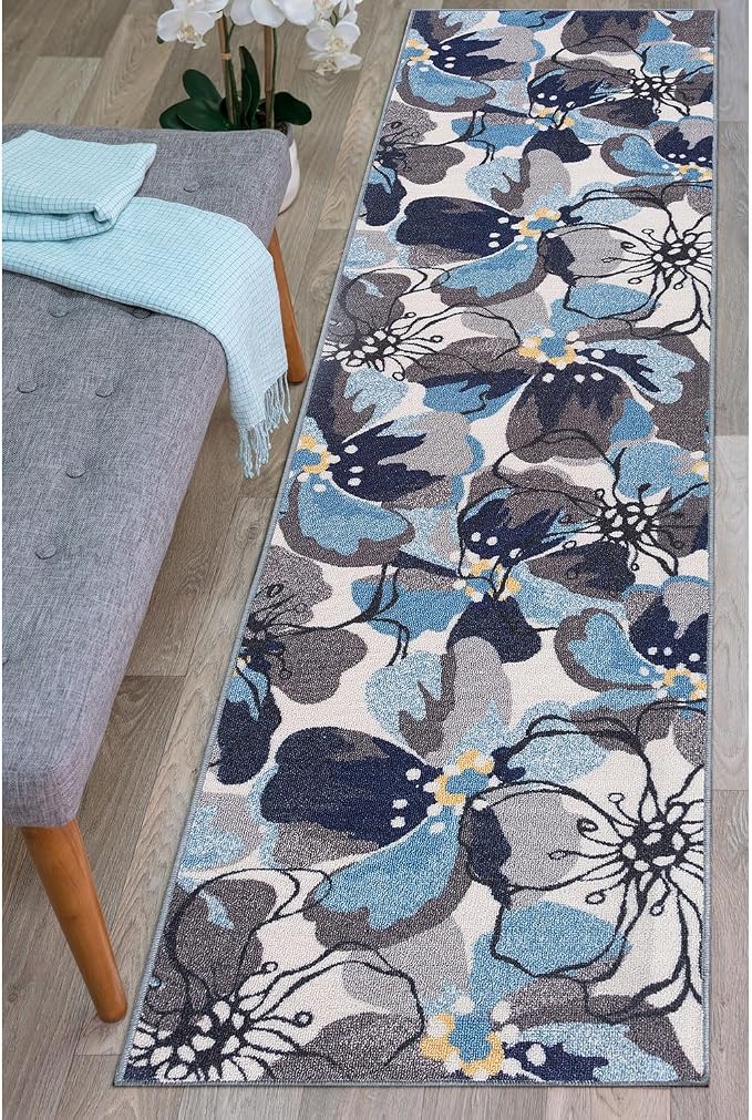 Rugshop Modern Large Floral Non-Slip Area Rug Runner 2' X 7' Gray-Blue - Image 8