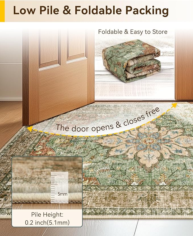 Area Rugs Square 10ft Washable Non-Slip, Floral Vintage Distress Print Pattern - Image 3