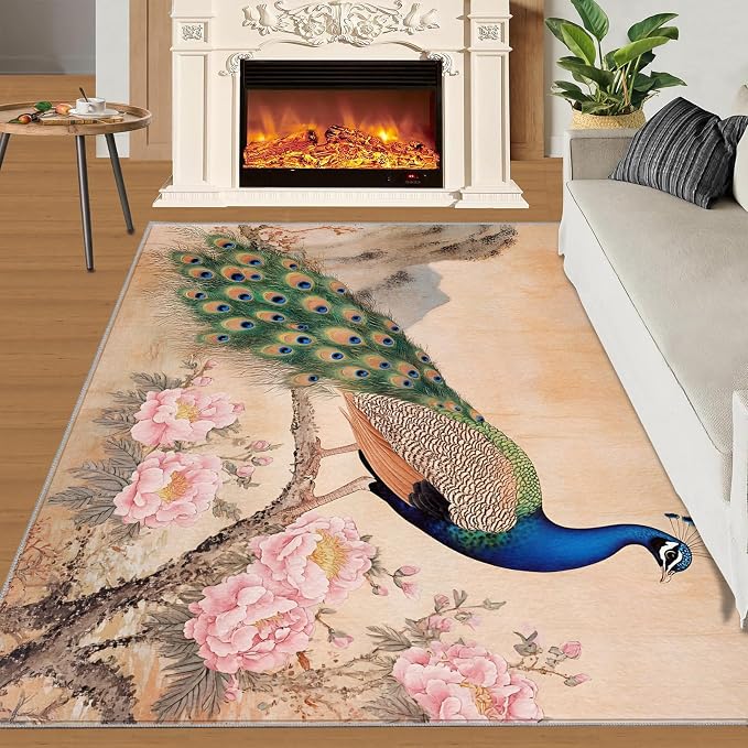 Peacock Peony Area Rug 5x7-5x7 Rug, Classic Peacock Peony Rugs - Image 3