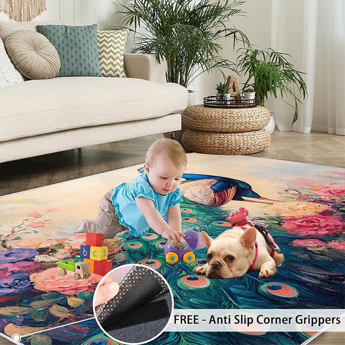 Peacock Peony Rug 6x9-6x9 Rug, Classic Peacock Peony Area Rugs - Image 5