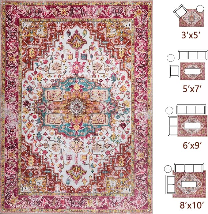 Large Area Rugs 8x10 for Living Room, Washable Vintage Rugs -Low Pile, Soft - Image 4