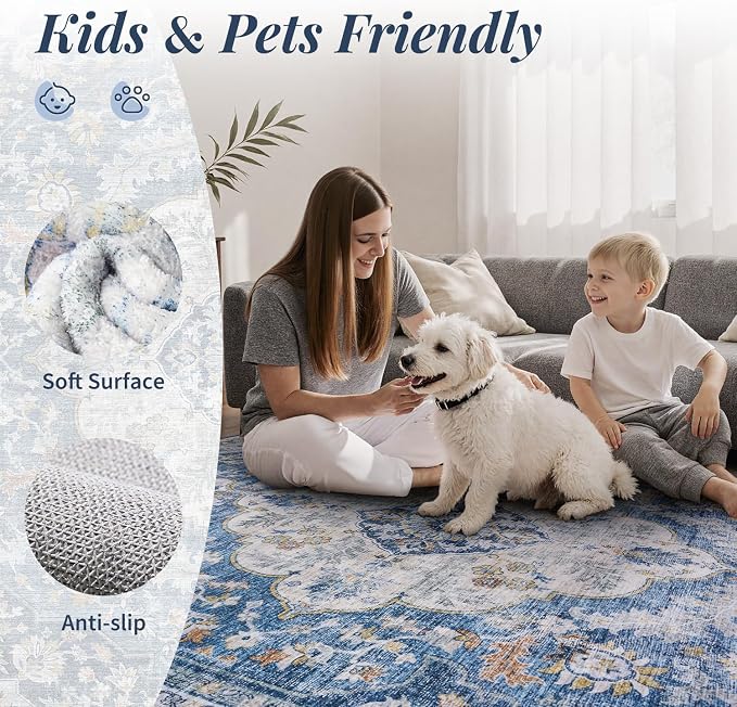 tchdio 5x7 Area Rugs for Living Room, Vintage Non Slip Washable Rug, Soft Low - Image 3