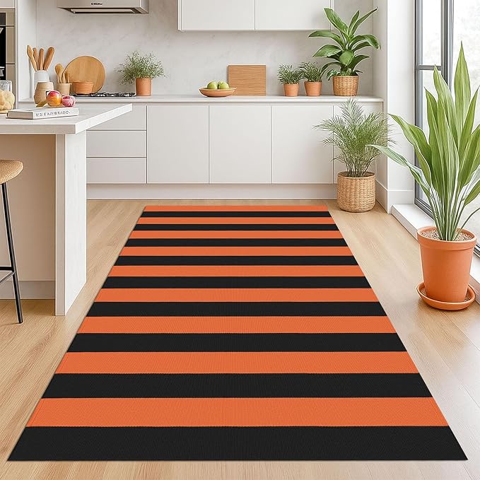 KOZYFLY Striped Outdoor Rug 4x6 Ft Orange and Black Halloween Fall Hand Woven - Image 3