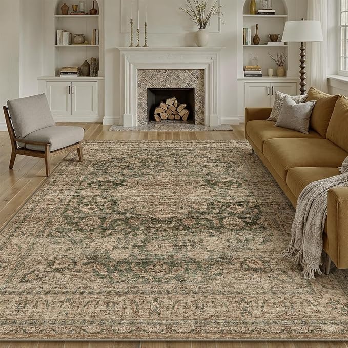 10x12 Vintage Area Rug Green Brown Living Room Bedroom Washable Carpet Non-Slip - Image 5