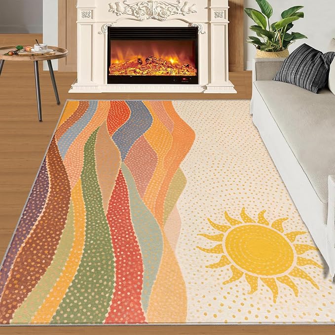 Boho Sun Area Rugs 6x8ft, Mosaic Sunburst Living Room Area Rug, Dotted Gradient - Image 2
