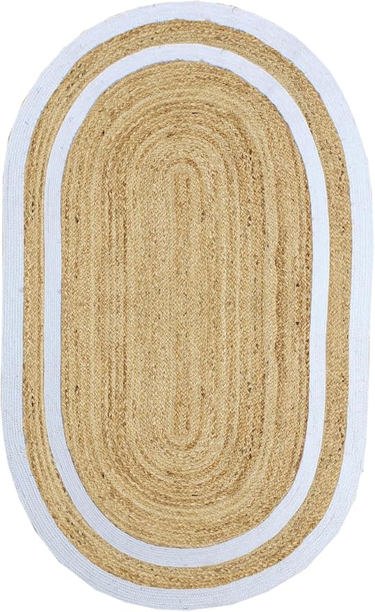 Oval Runner 2x20 Kilim Jute Runner Natural Oval Thick 0.27" Solid Design Beige by CASAVANI