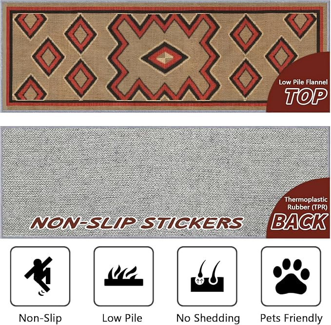 Brown Base Red Black Diamond Runner Rug, 2.6x7ft Zigzag Pattern Hallway Runner - Image 2