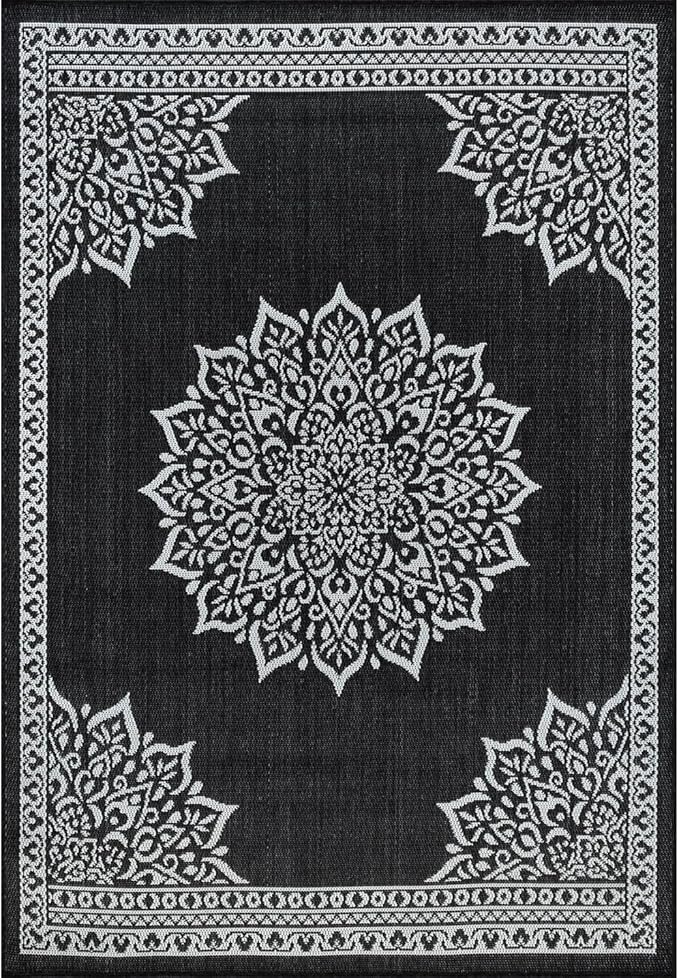 CAMILSON Indoor Outdoor Rug, 10x14 Medallion Black White Modern Area Rugs - Image 3