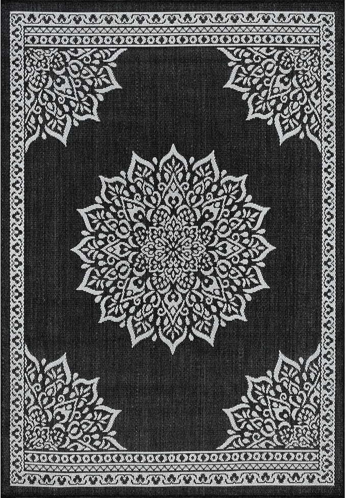 CAMILSON Outdoor Rug, 6x9 Medallion Black White Modern Area Rugs - Image 3