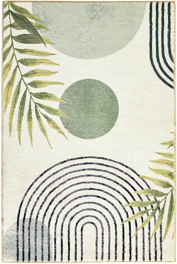 RoomTalks Mid Century Modern Washable Rug, Abstract Tropical Leaves Thin Shaggy - Image 9