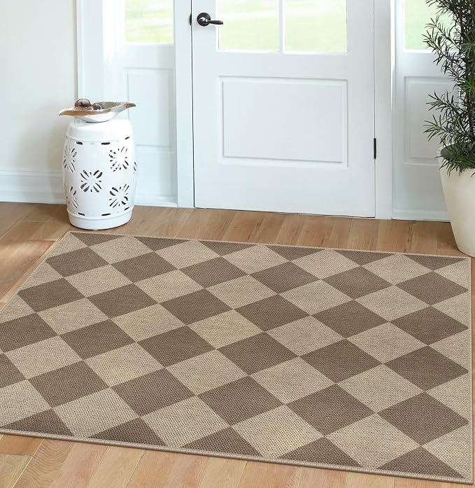Easy Jute Checkered Area Rug, 3x5 Indoor Outdoor Entryway Rug Washable Brown - Image 7