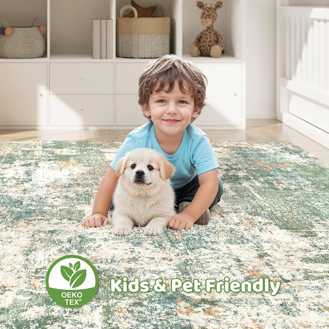 5x7 Area Rugs Living Room: Washable Large Abstract Soft Green Rug Stain - Image 7