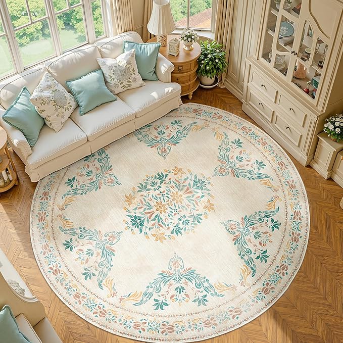 jinchan Round Rug 7ft Area Rug Vintage Floral Distressed Design Machine by JINCHAN