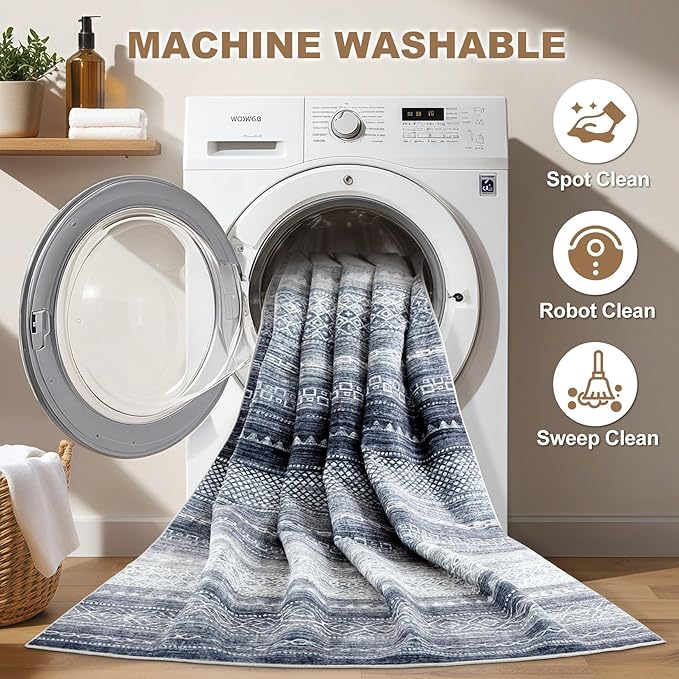 Nakagishi Area Rug Living Room Rugs: 3X8 Machine Washable Boho Large Neutral - Image 2