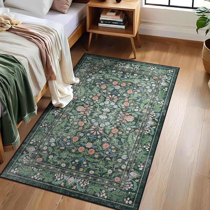 3x5 Washable Area Rug Floral Green Entryway Small Rug Vintage Forest Low Pile - Image 2
