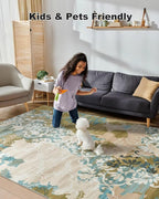 Washable Abstract Rug, 5x7 Willow Green and Blue Floral Area Rugs - Image 4