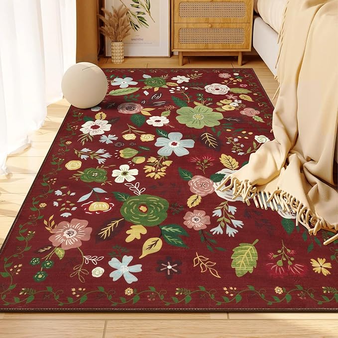 U'Artlines 3x5ft Colorful Red Christmas Floral Rug, Non Slip Washable Area Rug by UArtlines