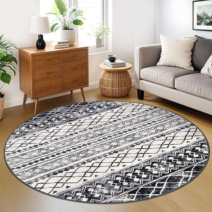 KUTA 6Ft Round Boho Rug for Living Room, Moroccan Washable Circle Area Rugs Non by KUTA