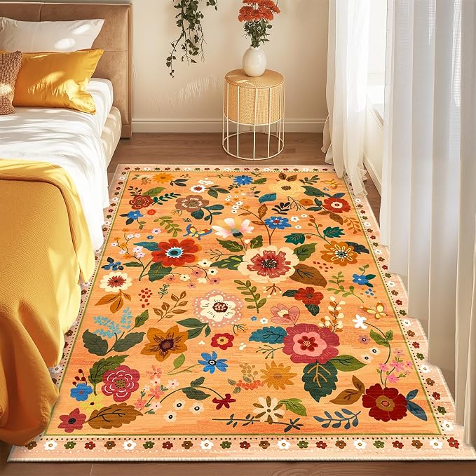 Floral 5x7 Area Rug Machine Washable Soft Print Boho Carpet Non Slip Doormat - Image 9