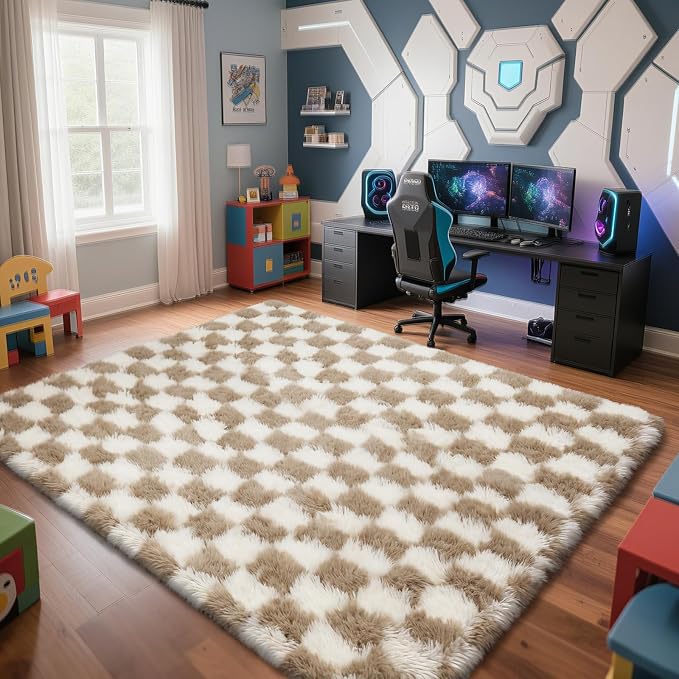 Checkered Rug for Living Room, 8x10 Beige and White Area Rugs, Classic - Image 3
