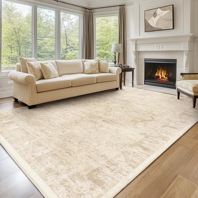 Distressed Beige Rugs for Living Room 6x9, Low Pile Thin Area Rugs for Bedroom by Jainmy
