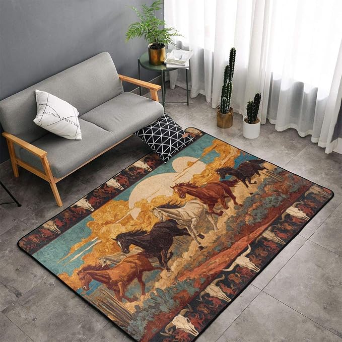 Horse Western Boho Ethnic Style Area Rug Washable Outdoor Rugs Anti-Slip Soft by Unknown