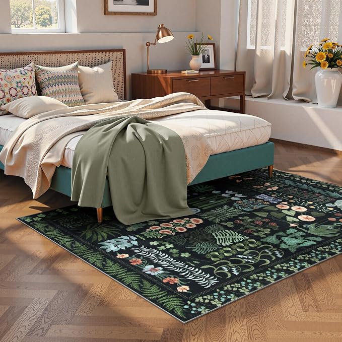 Floral Boho 5x7 Area Rugs for Living Room, Botanical Black Washable Bedroom Rug - Image 3