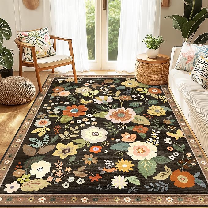 Floral 4x6 Area Rug Machine Washable Soft Print Boho Carpet Non Slip Doormat - Image 2