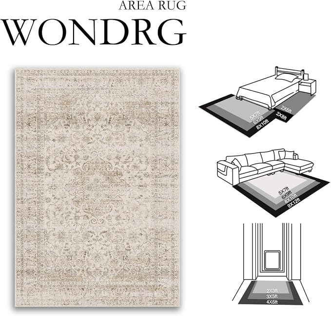 10x12 Beige Area Rug Vintage Living Room Bedroom Washable Carpet Non-Slip Soft - Image 2