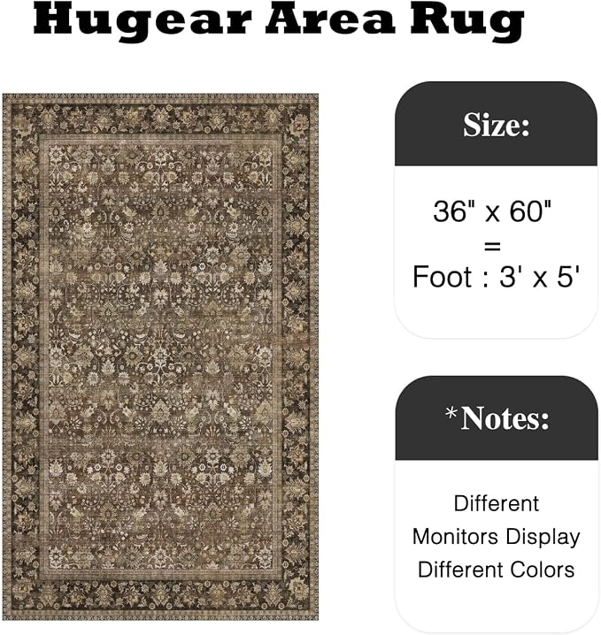 HUGEAR 3x5 Machine Washable Rugs Brown Hallway Area Rug Indoor Accent Rug - Image 2