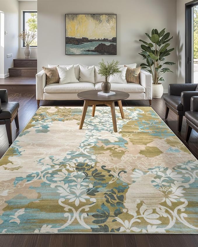 Washable Abstract Rug, 5x7 Willow Green and Blue Floral Area Rugs - Image 2