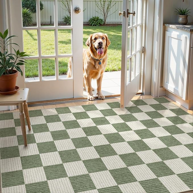 LIVEBOX 4x6 Washable Area Rug Checkered, Non-Slip Small Entryway Rug Green - Image 4