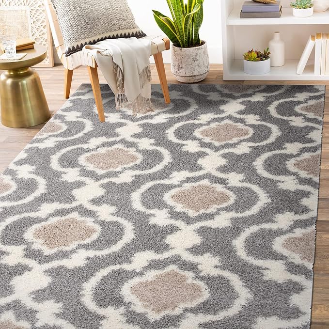Rugshop Cozy Moroccan Trellis Indoor Shag Area Rug 6'6"X 9' Gray/Cream - Image 8