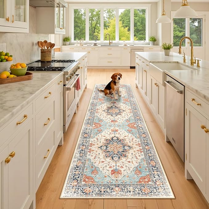 Area Rugs 2'6''x8' Washable Non-Slip, Floral Vintage Distress Print Pattern by RELEANY