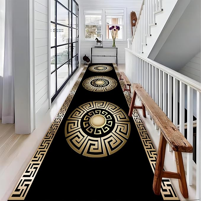 Black Gold Geometric Hallway Runner Rug, Vintage Greek Key Entryway Carpet - Image 3