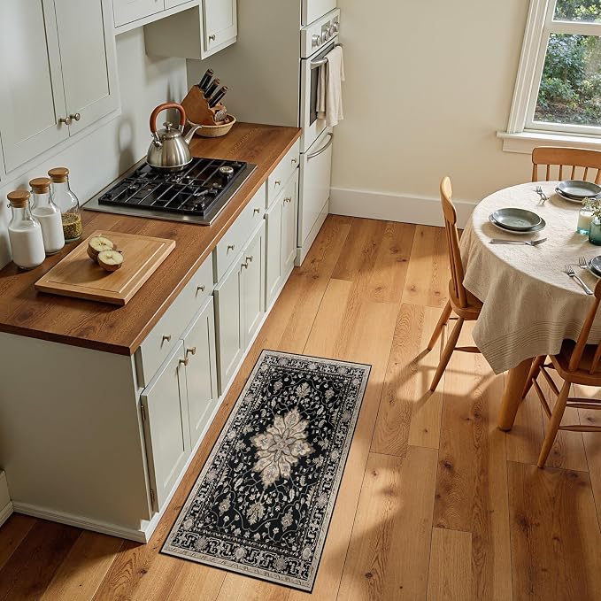 Area Rugs 2'x5' Washable Non-Slip, Floral Vintage Distress Print Pattern by RELEANY