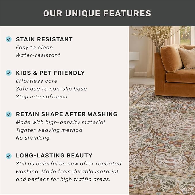 Vintage Moss Green Living Room Rug, 8x10 Washable Area Rugs - Image 7