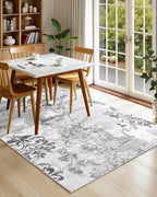 Washable Abstract Rug, 4x6 Classic Grey and White Floral Area Rugs - Image 3