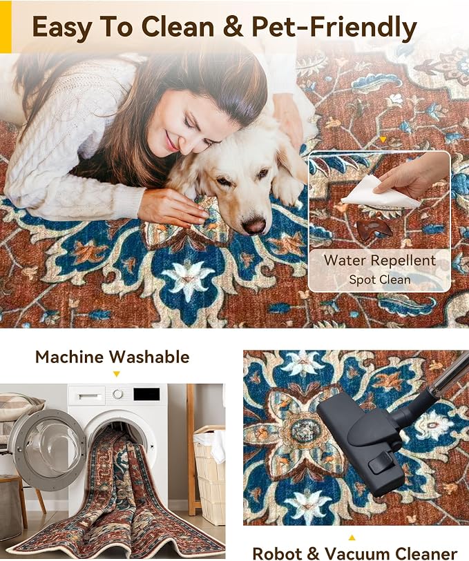 Area Rugs 5'x7' Washable Non-Slip, Floral Vintage Distress Print Pattern - Image 5