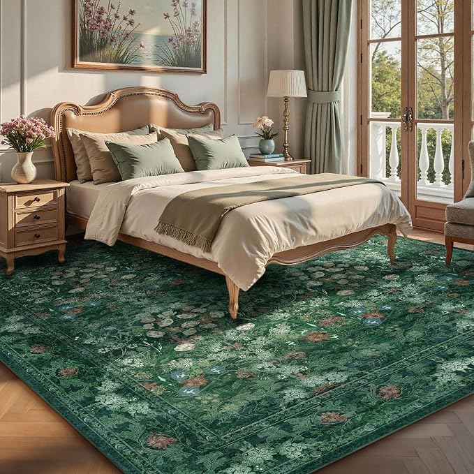Green Floral 8x10 Living Room Area Rug, Washable Vintage Distressed Rug - Image 2