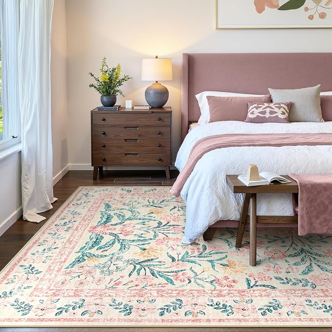Wonnitar Floral Large Rugs for Living Room, Soft Light Pink Rug Washable 9x12 - Image 2