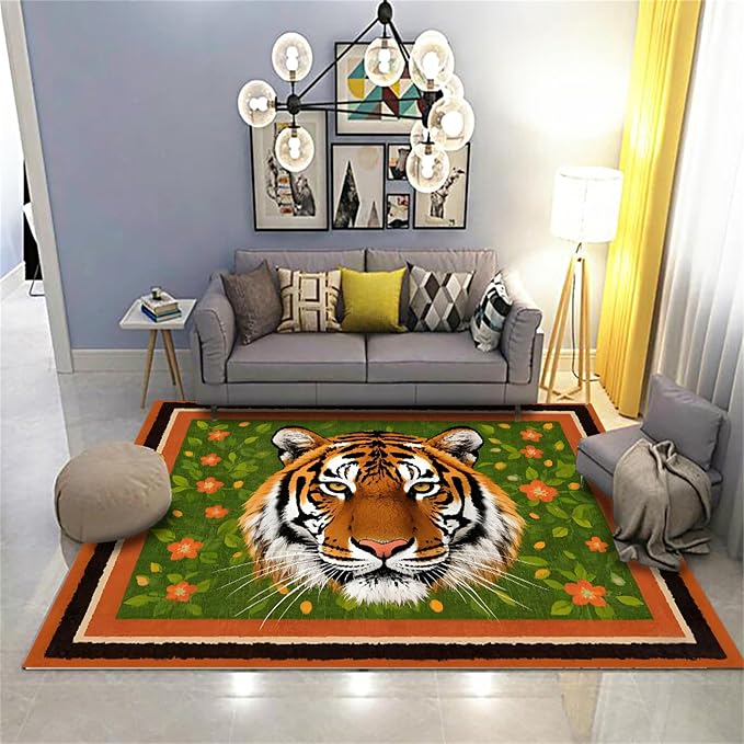 Tiger Print Rug, The Tiger is Surrounded by Orange and Green Floral Patterns. - Image 2