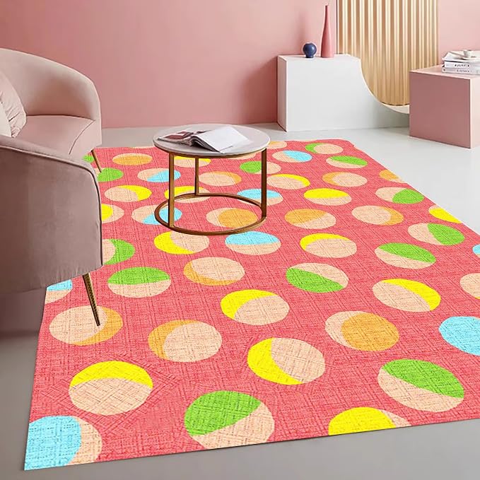 Retro Pink Yellow Green Polka Dot Texture Rug 3x8 Non Slip Washable Soft Area by Mamatong