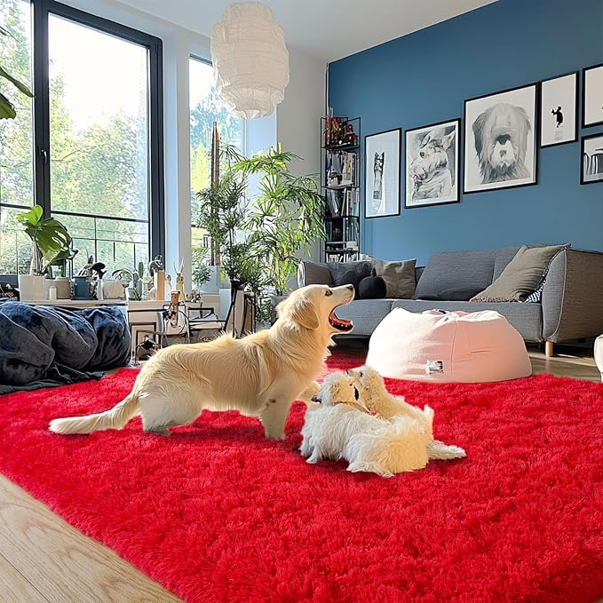 Red Fluffy Rug Plush Carpet for Bedroom Dorm, Non-Slip High Pile Rug, Shag Rug - Image 3